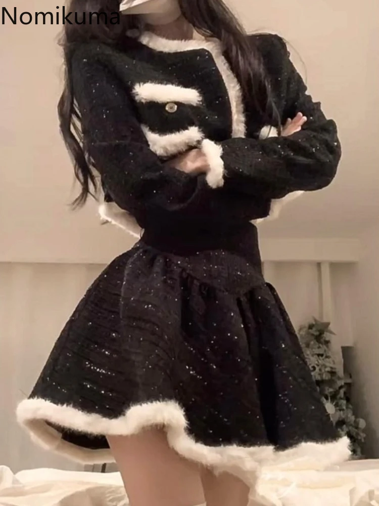 

Women Clothing 2 Piece Sets Long Sleeve Tunic Jackets High Waist A-line Skirt Outfits Roupas Femme Weave Woolen Temperament Suit