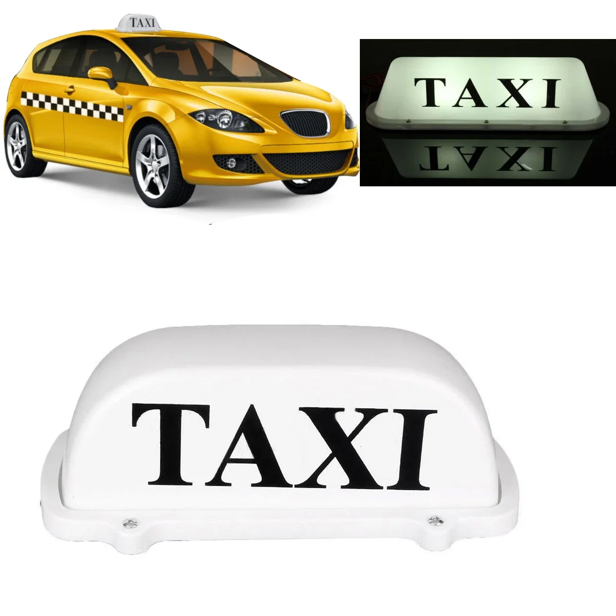 DC12V LED Taxi Cab Top Sign Light Roof Lamp with Magnetic base White TAXI logo