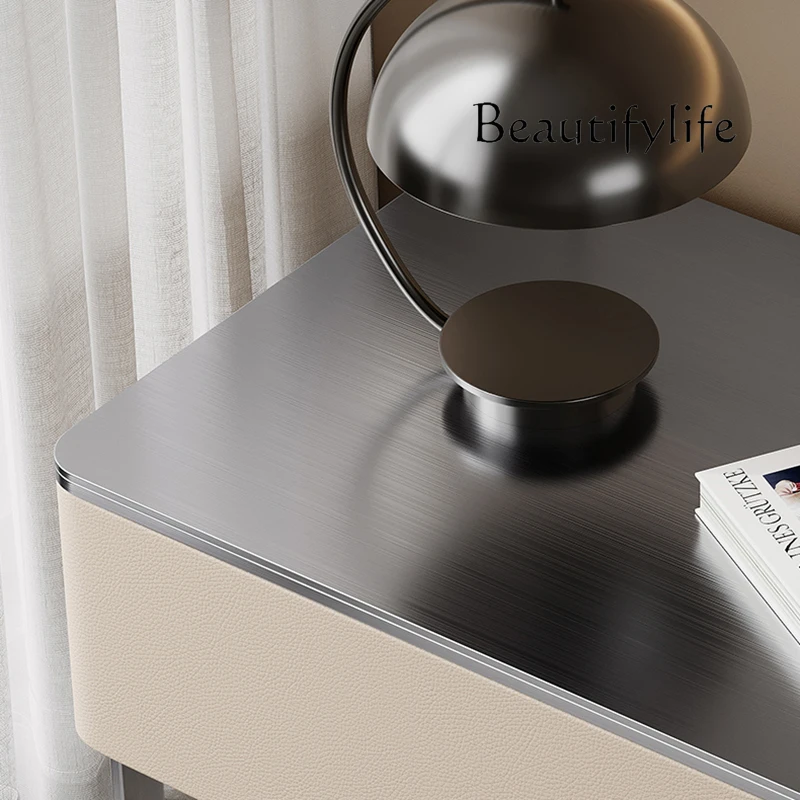 Minimalist bedside table bedroom Italian light luxury solid wood leather home modern storage designer