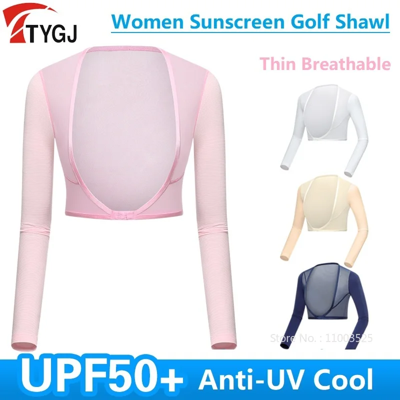 TTYGJ Summer Golf Sunscreen Shawl Cuff Gloves Women's Ice Silk Long Sleeve Crop Tops UV Resistant Lady Shirts Sports Clothing
