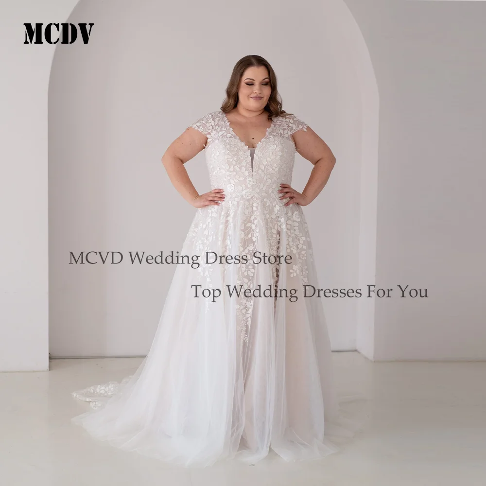 

MCDV Gorgeous Tulle Plus Size Wedding Dresses 2026 A-Line V-Neck Cap Sleeve Bridal Gowns Lace Appliques Vestidos de Novia