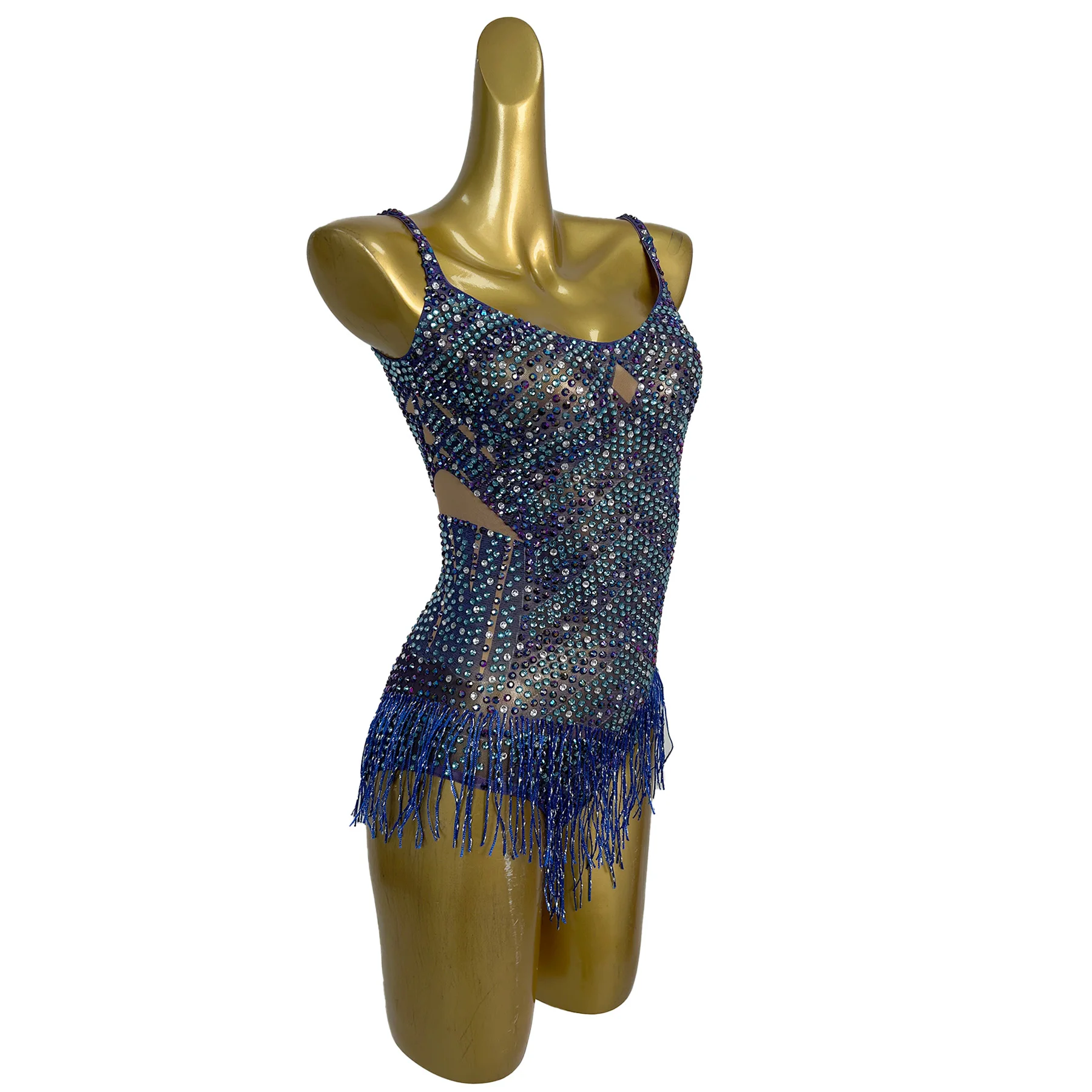 Lanliuxing Luxury Women Evening Party Dress Shining Full Diamond Perspective Mesh Tassel jumpsuit Bar Dancer Performance Costume