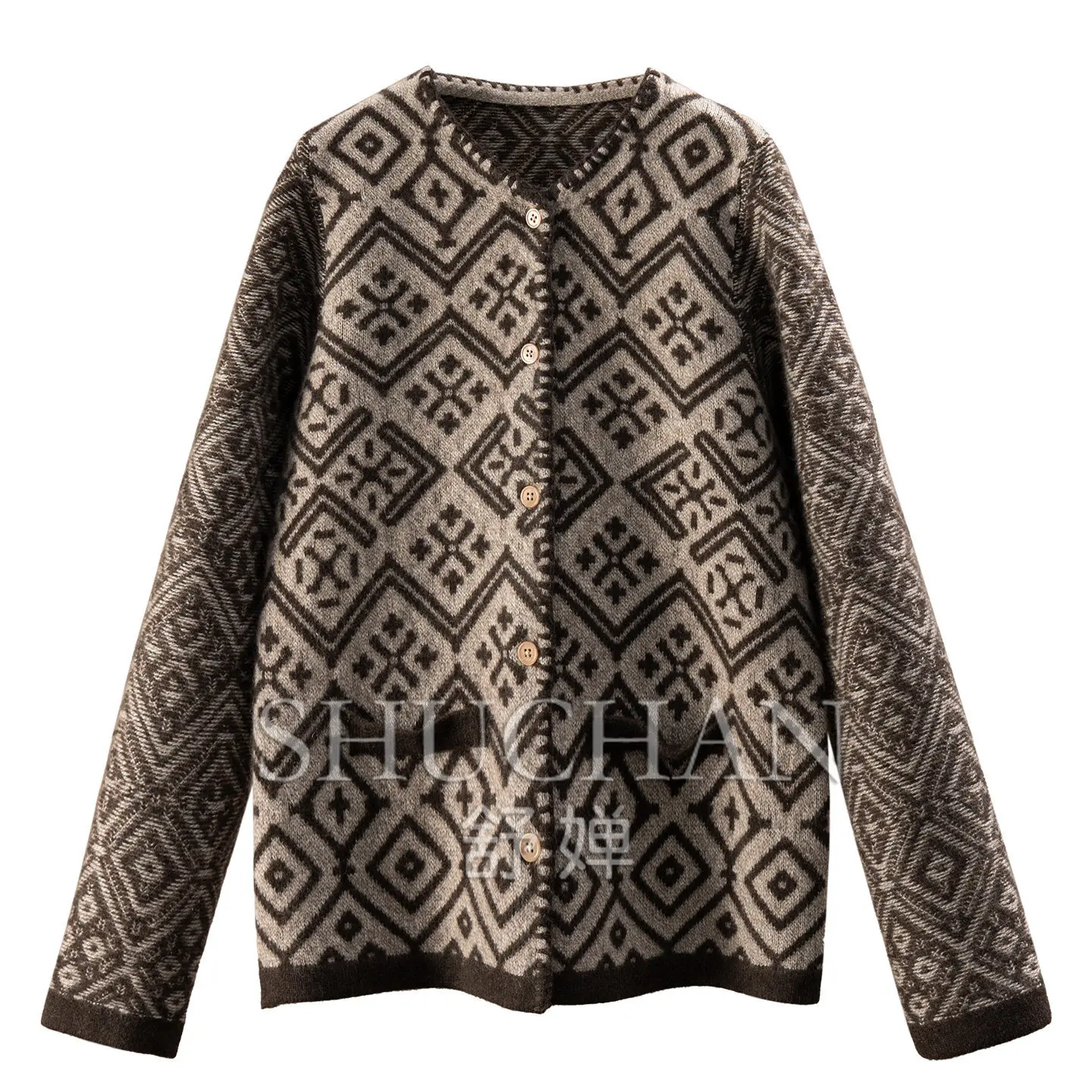 Nordic High-cold 100% Cashmere Rhombus Jacquard Sweater Cardigan Women's E376 Sueter Mujer Invierno 2026 New 390g