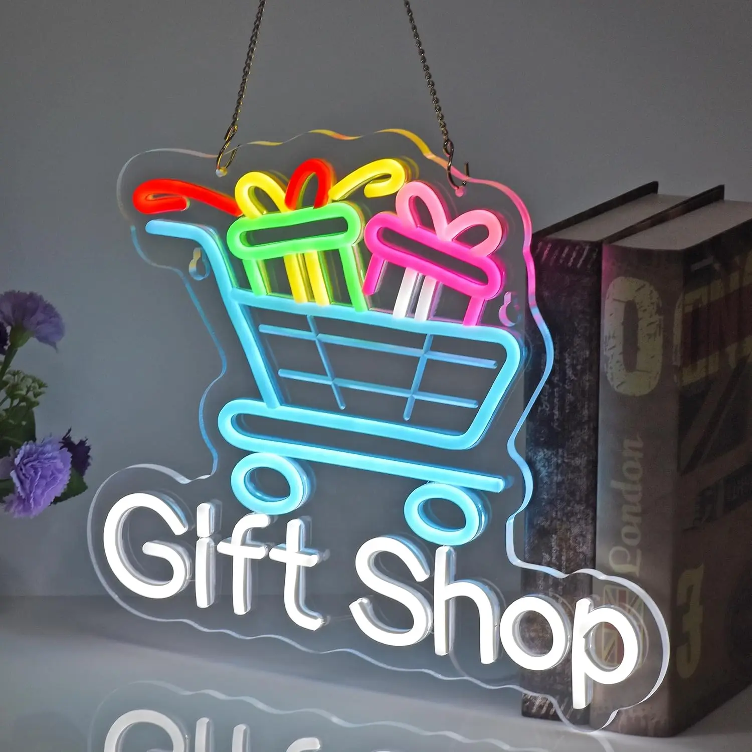 Gift Shop Neon Light Dimmable LED Wall Art Shopping Cart Sign USB Power Gift Shop Retail Store Boutique Window Business Display