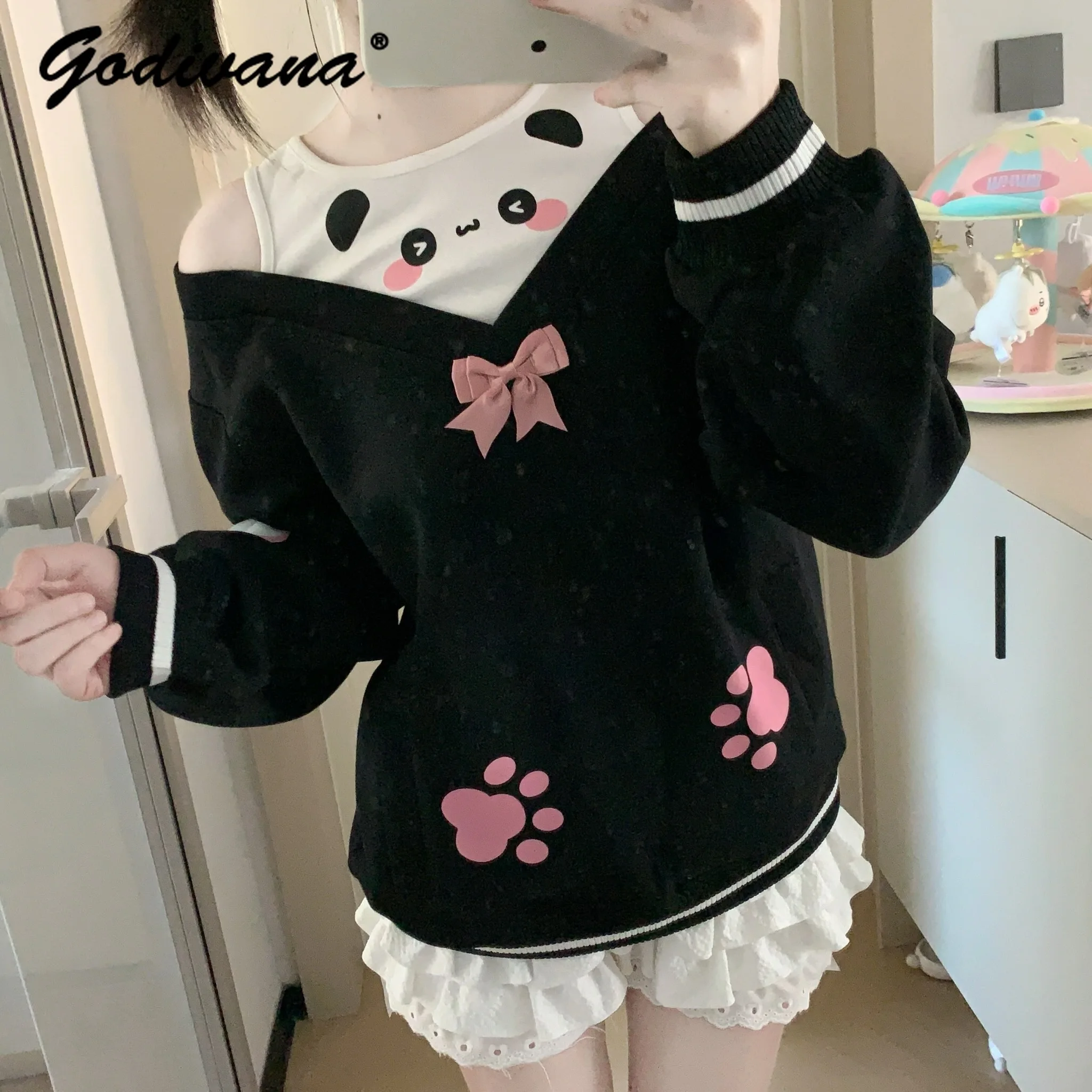 Autumn New Student Daughters Fake Two-Piece Cute Panda Off Shoulder Long Sleeve Sweatshirt Female Casual Pullover Shirts
