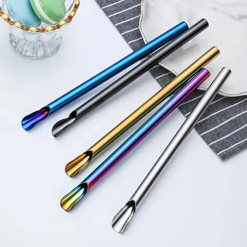 

5pcs Metal Stainless Steel Straw Reusable Pearl Milkshake Bubble Tea Straws with Brush Stirring Smoothie Spoon Shaped Straw Set