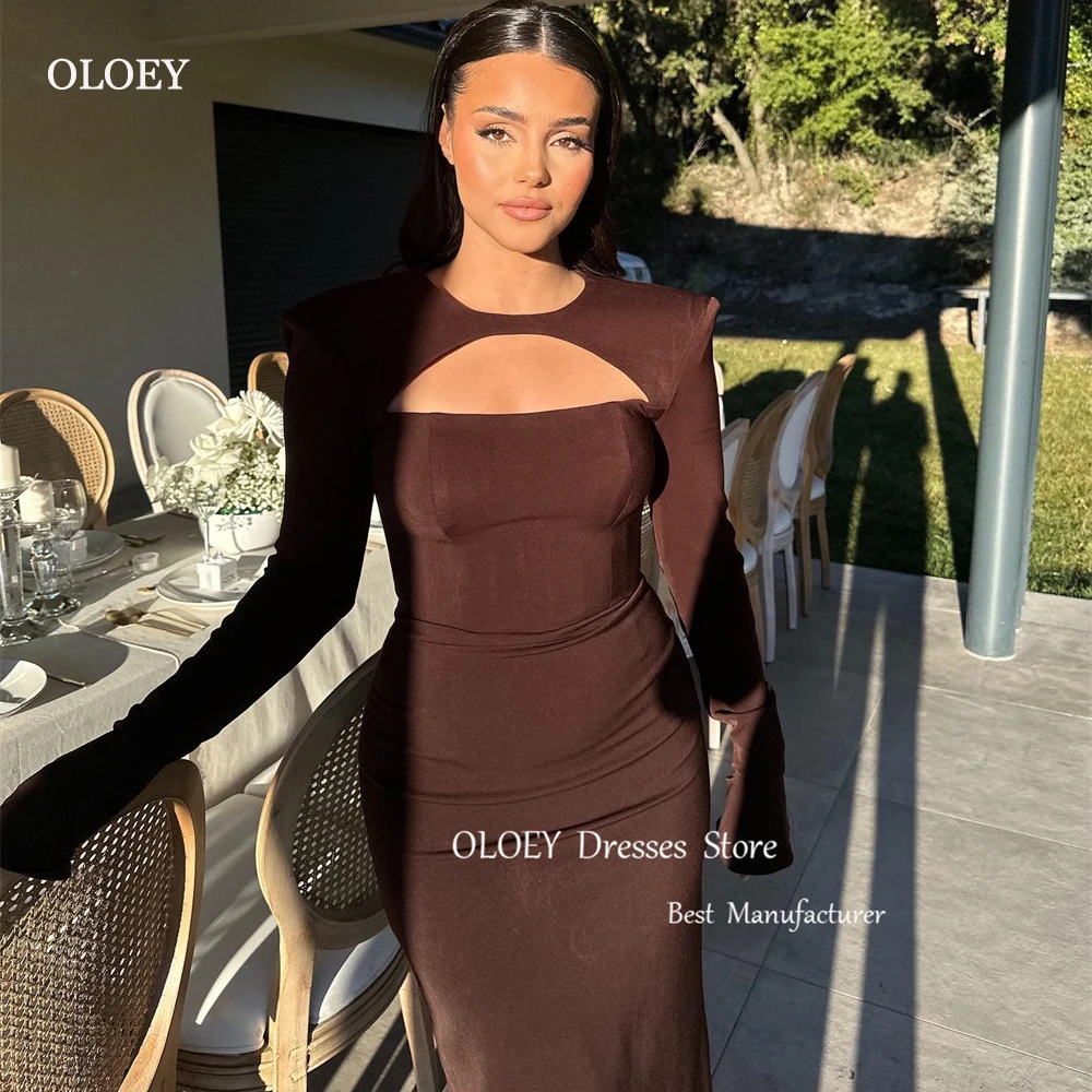 OLOEY Simple Black Evening Dresses Arabic Women Long Sleeves O-Neck Floor Length Formal Party Dress Prom Gown Occasion Event