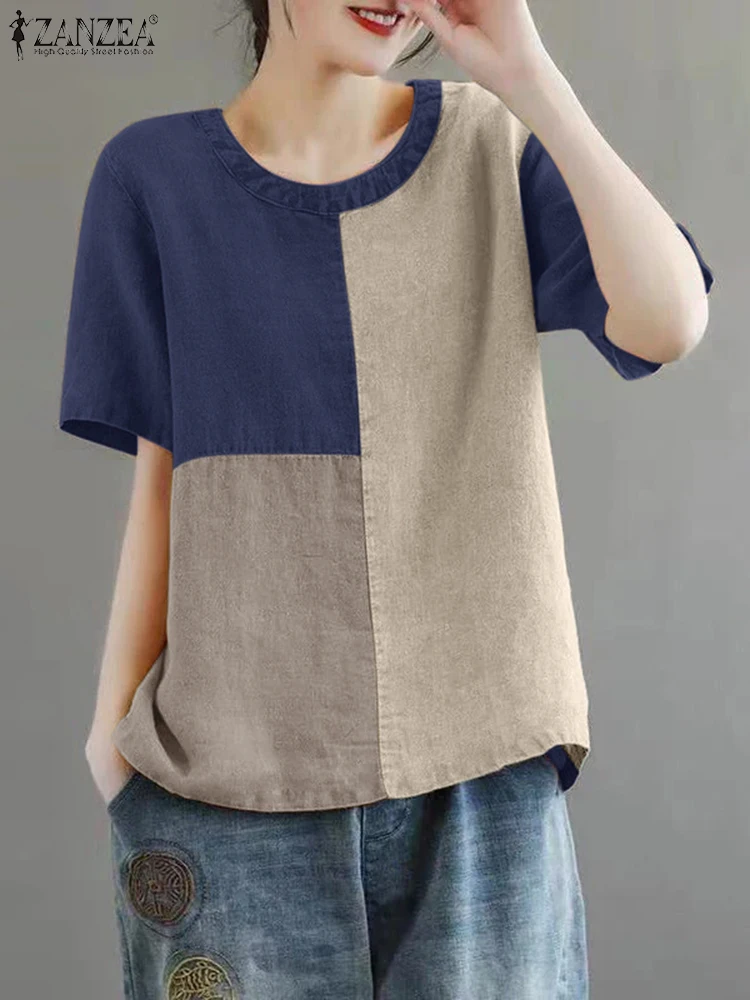 ZANZEA Casual Loose Holiday Cotton Linen Tops Women Patchwork Blouse 2024 Summer Short Sleeve Tunics Fashion Round Neck Shirts