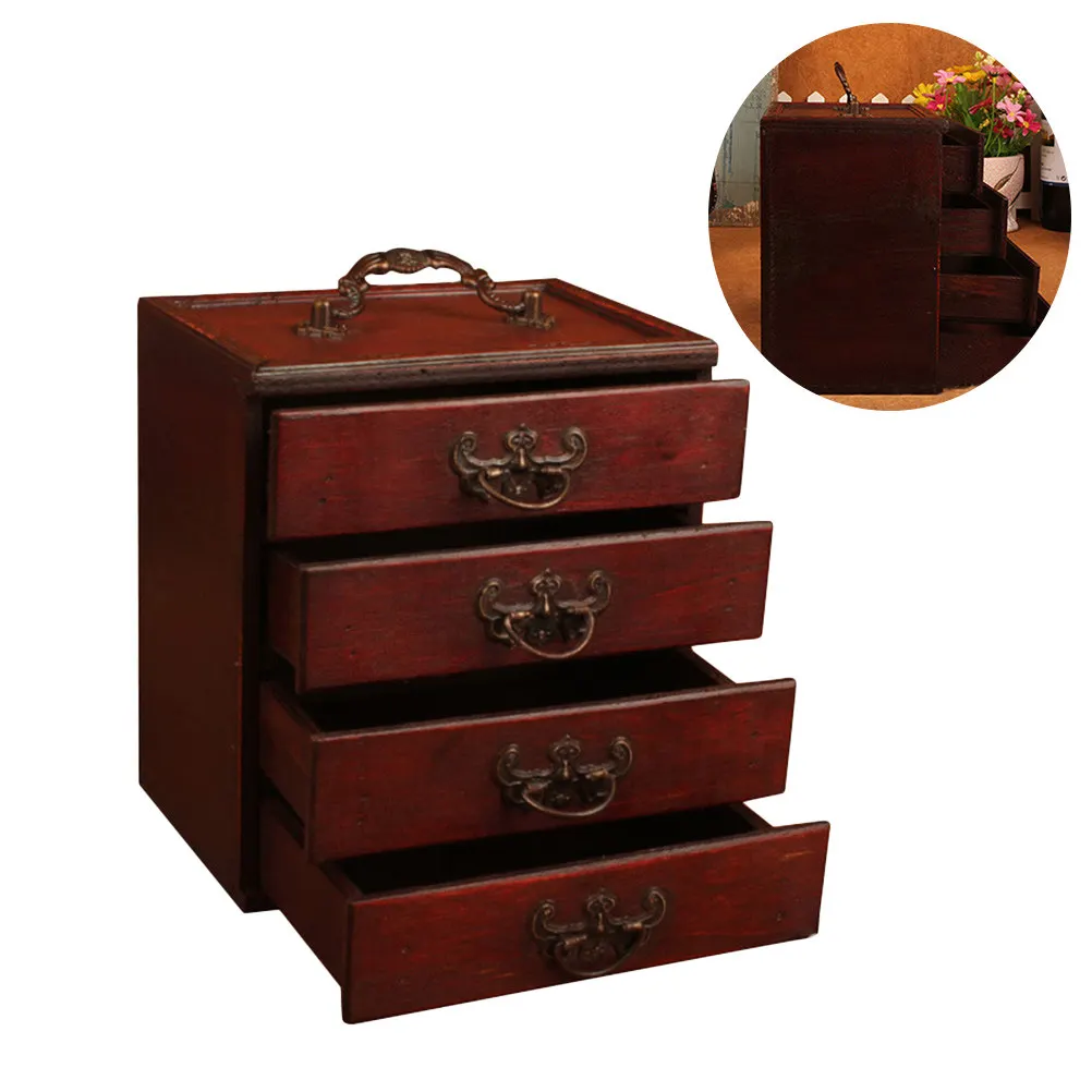 

1Pcs Chinese Style Four Drawer Wooden Jewelry Box Vintage Storage Container for Desk Bedroom Dormitory Photo