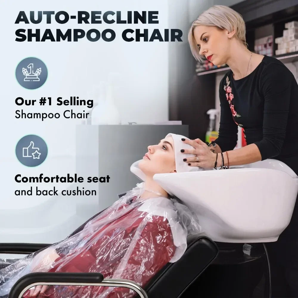 Shampoo Chairs，Salon with Automatic Reclining Seat Backrest, Heavy-duty Chrome Armrest, and Extra Thick Seats Shampoo Chairs