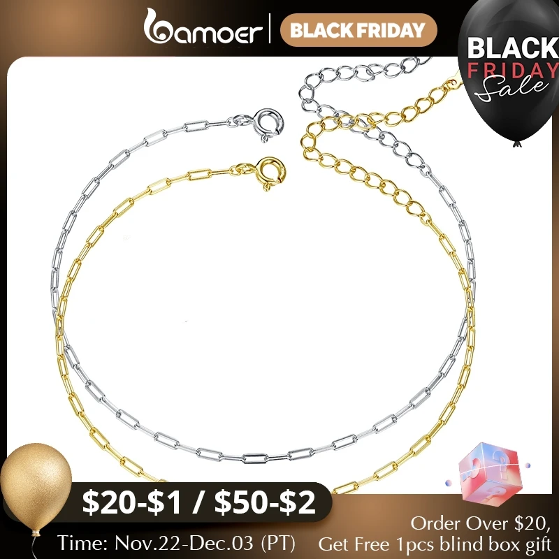 BAMOER Real 925 Sterling Silver Simple Bracelet Gold Basic Cable Chain Hollow Link for Women Fashion Jewelry Two Colors SCB221