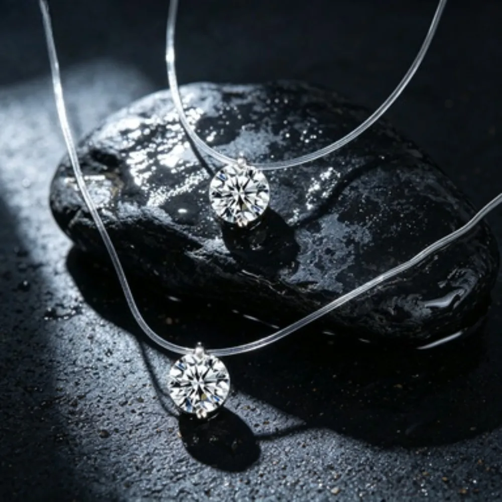 Simple Round Single Rhinestones Pendant Necklaces for Women Transparent Fishing Line Short Chokers Party Neck Jewelry