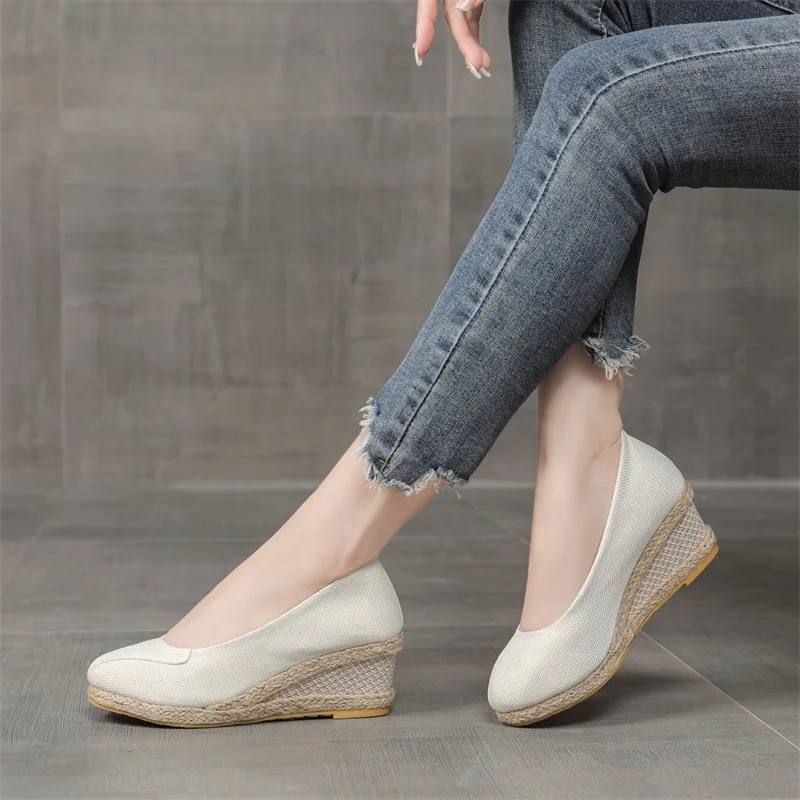 Veowalk Patchwork Women Linen 6cm High Heel Wedge Espadrilles Sandals Summer Comfortable Slip On Closed Toe Platform Shoes