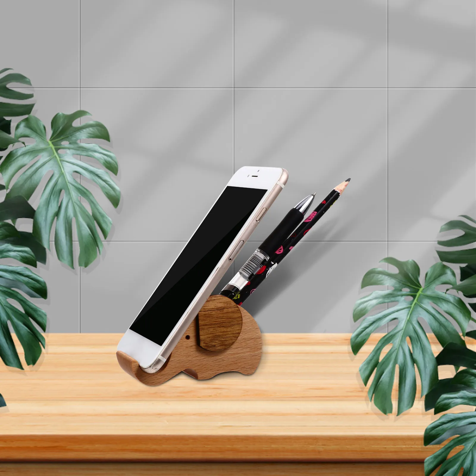 1Pcs Wooden Elephant Desktop Phone Stand Holder for Smartphones Tablets Pen Organizer Strong Support Free Hands Video Watching