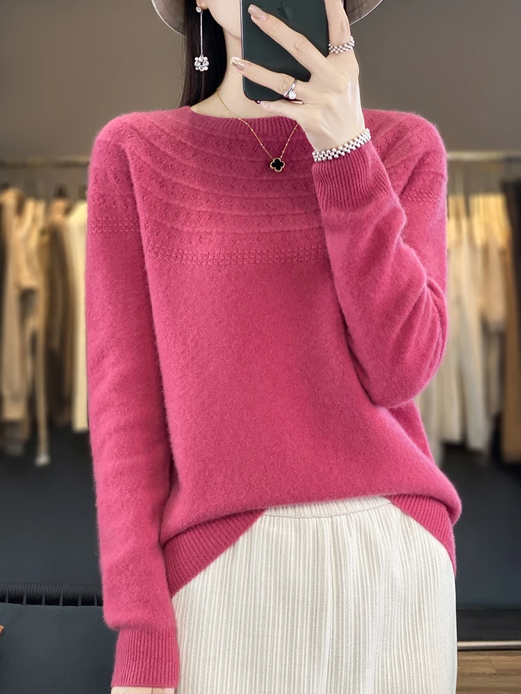 

Women's Autumn Clothing O-Neck Hollow Out Pullover Sweater 100% Merino Wool Basic Casual Long Sleeve Cashmere Knitwear Tops 2024