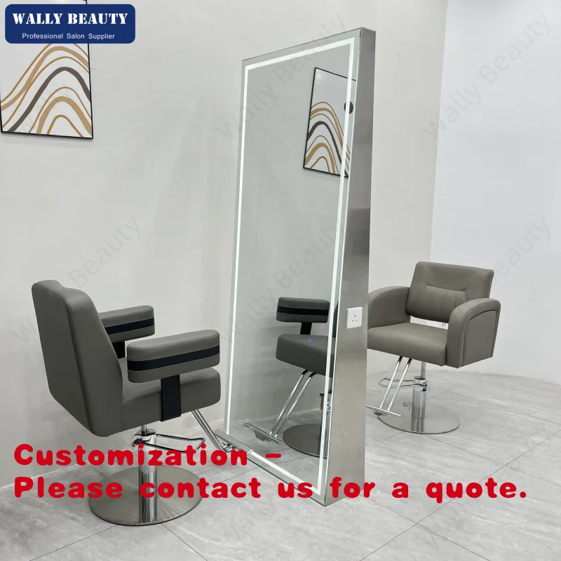 

Customize.Accept Custom Colors Mirror Station Salon Stainless Steel Frame Double Sides LED Light Barber Shop Mirror
