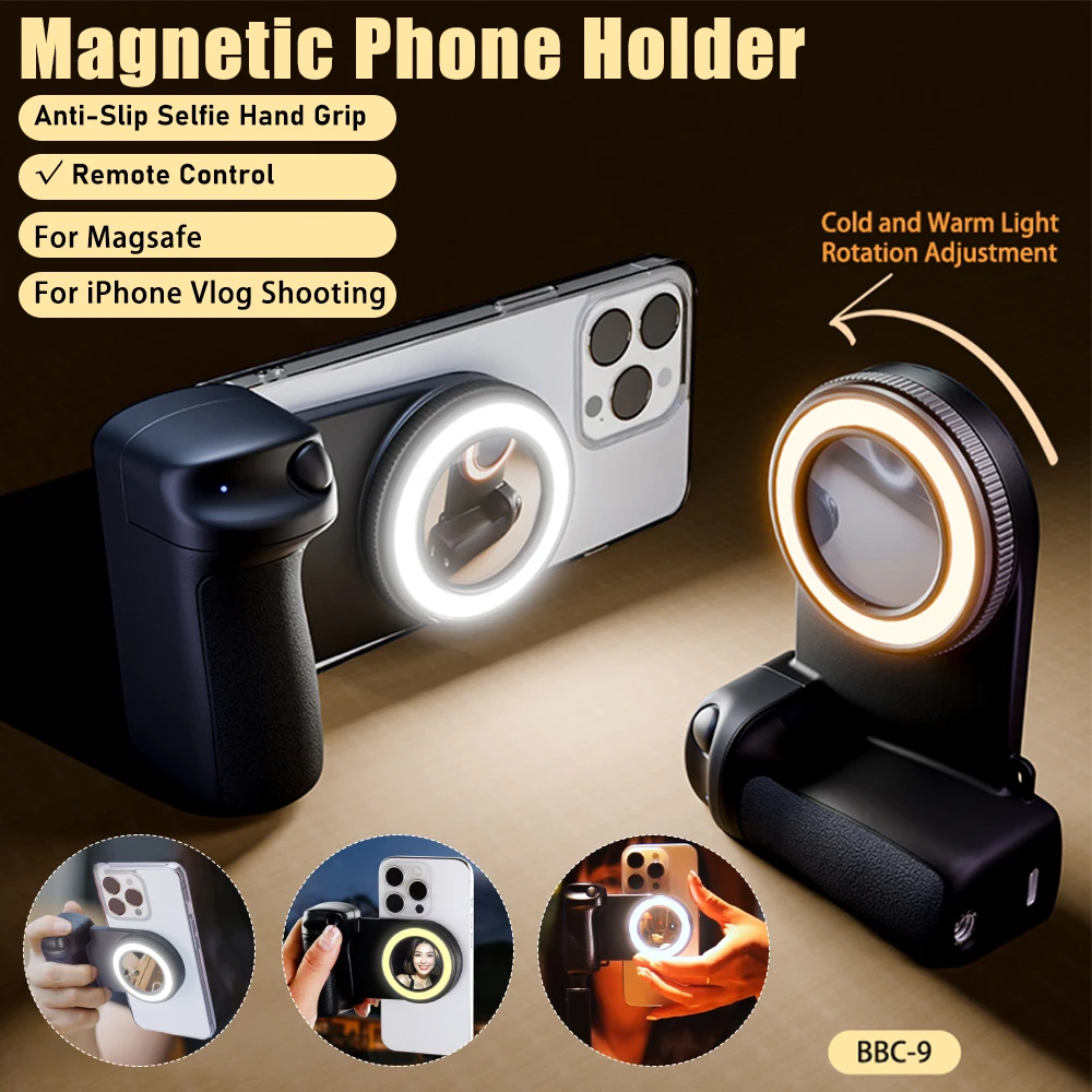 Impugnatura magnetica con luce di riempimento per staffa antiscivolo per smartphone Magsafe fotocamera selfie otturatore remoto Bluetooth per iPhone