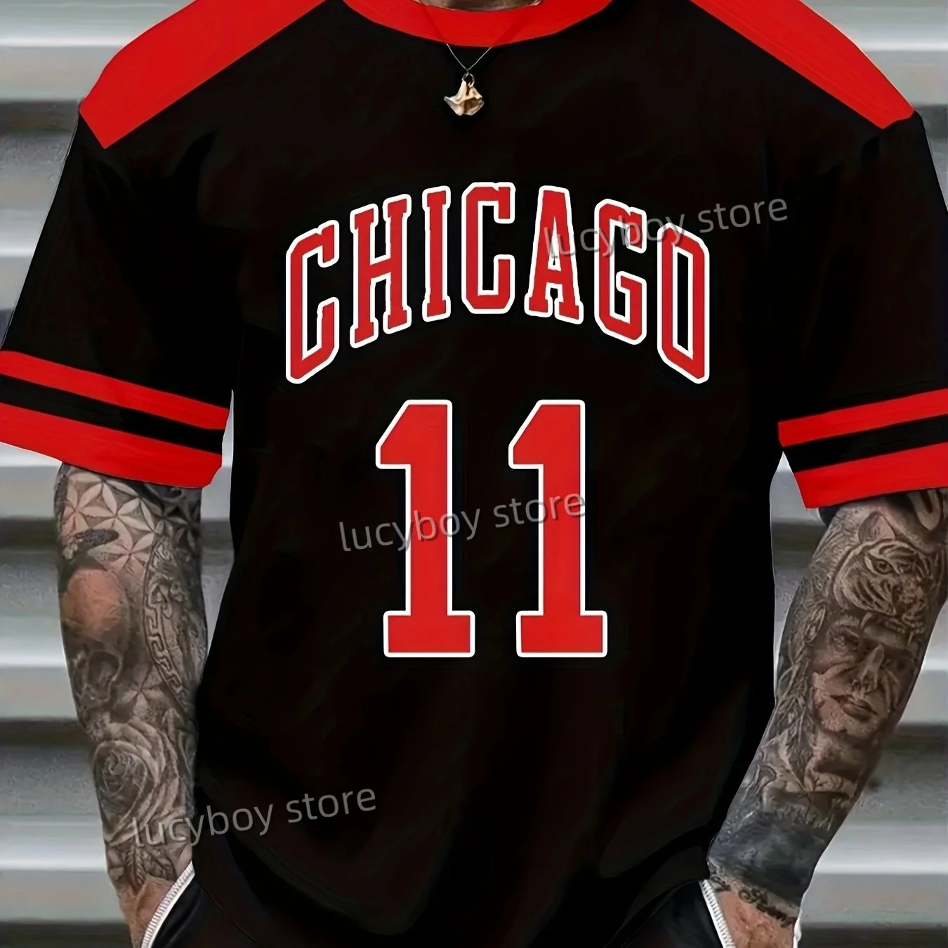 Mens Casual 3D Chicago No.11 Print T-Shirt Man Short Sleeve Sportwear Football T-Shirt Vintage Oversize Striped Tees Men Clothes - Detail 1