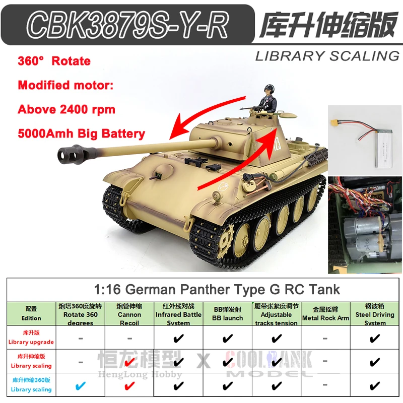 Coolbank RC Tank HengLong 3879-1 German Leopard G Battle Tank 1:16 2.4gh Wireless RC Tank Vehicles Model with Sound & Light Boys