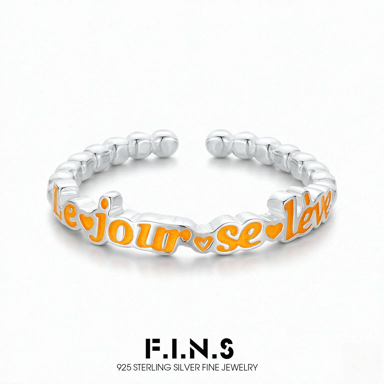 Anillo Abierto de Plata de Ley S925 con Letra Francesa Original 'Dawn' de F.I.N.S para Mujer, Joyería Fina con Detalle de Goteo de Aceite Naranja, Regalos Únicos