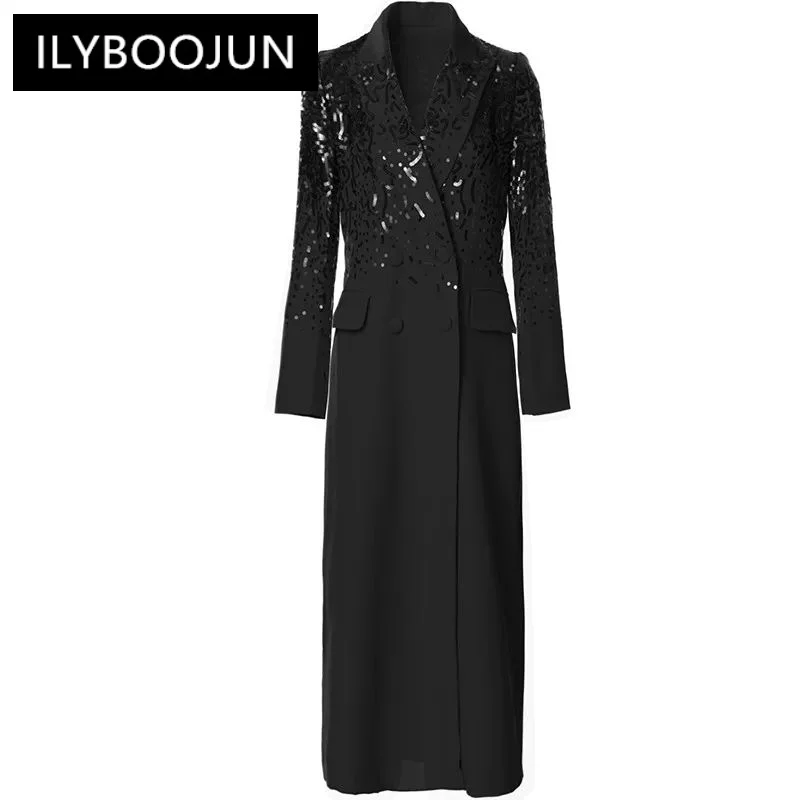 

Elegant Autumn Winter Coat Women's Long Sleeve Notched Sequins Double Breasted Black Daily Basic Long Overcoat