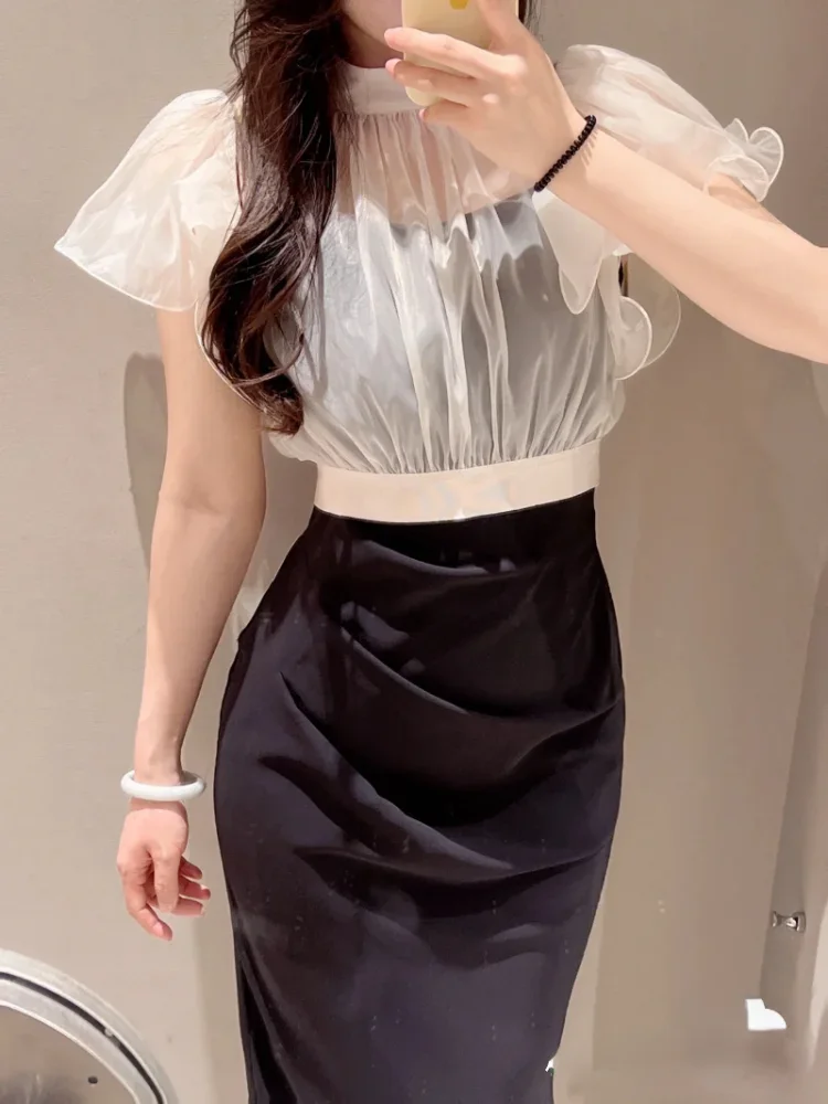 Japanese Elegant Women Dress Sets Ruffled Perspective Shirts Blouses+ Slim Solid Sleeveless Folds Robes Femme Vestidos Feminino