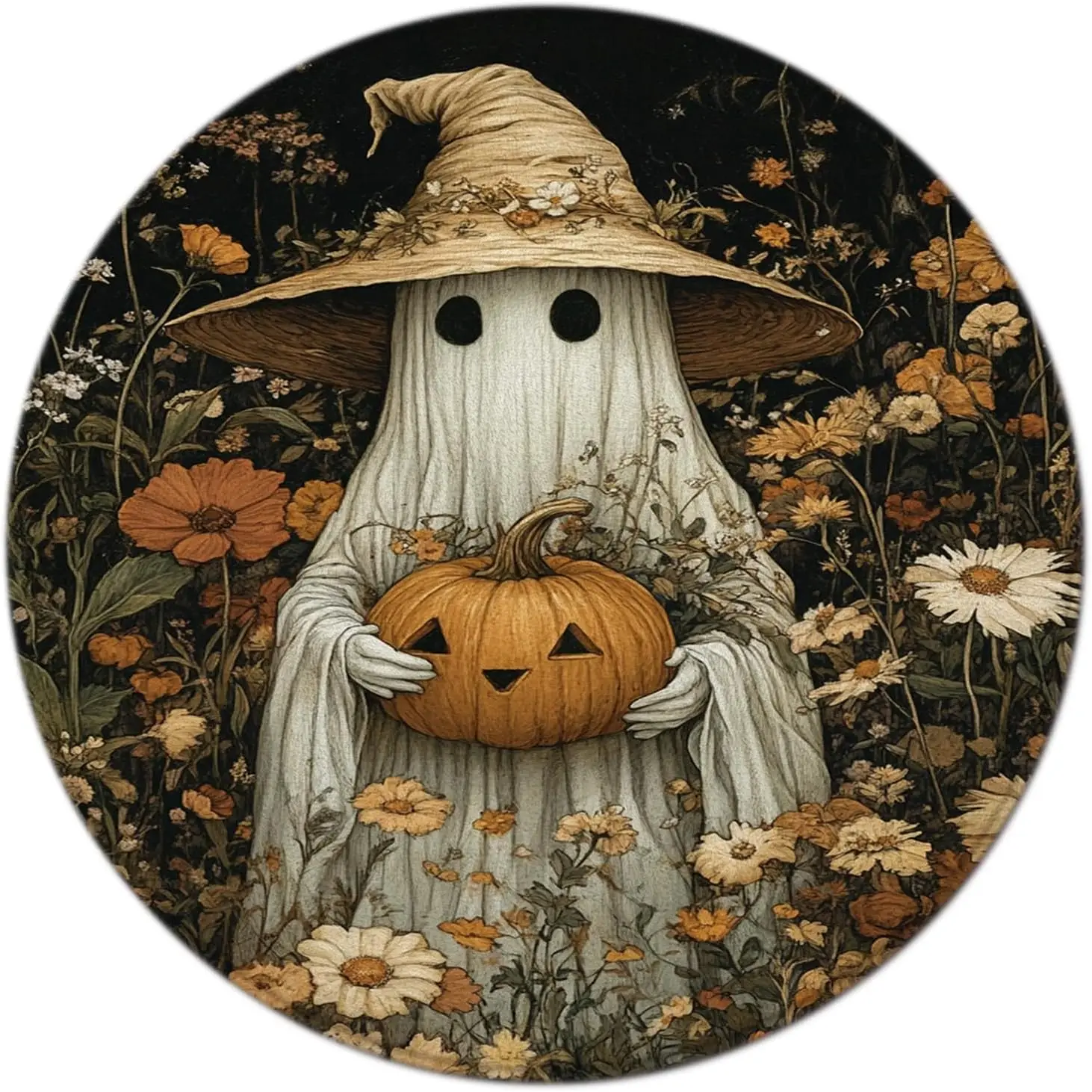 Halloween Ghost Round Area Rugs Vinatge Floral Pumpkin Spooky Autumn Flower Retro Wildflower Gothic Night for Bedroom,Kitchen,Bathroom,Backyard,Patio,Porch