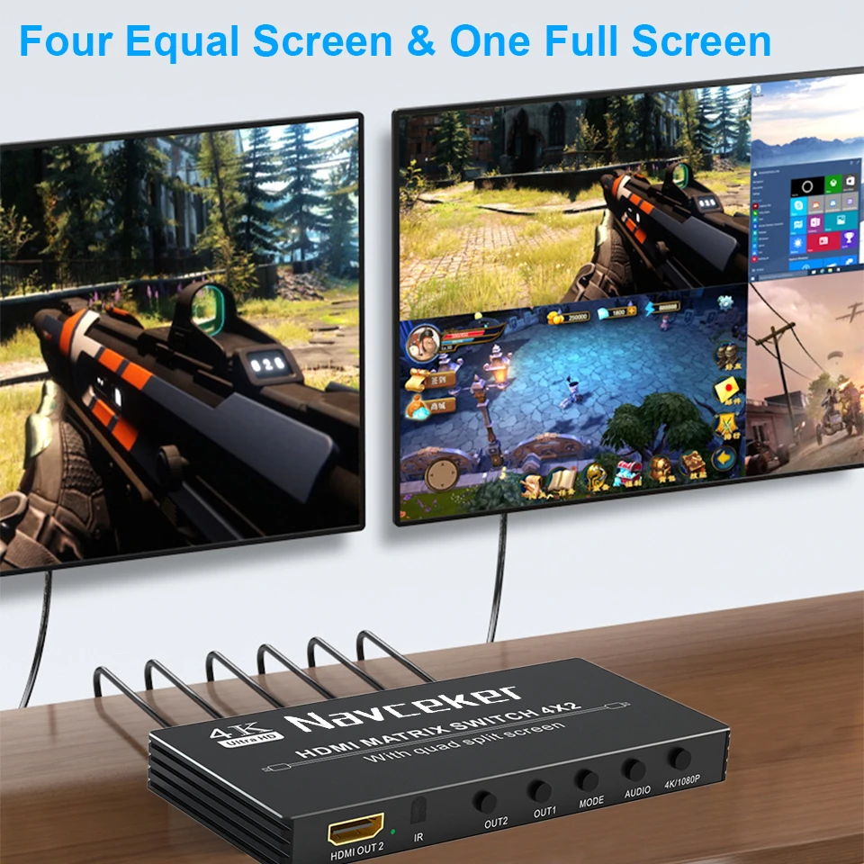 Navceker HDMI 4x2 Multi-viewer switcher 4K Seamless Quad Screen Multi Viewer Splitter 4 in 2 out HDMI Switch Adapter IR for PC