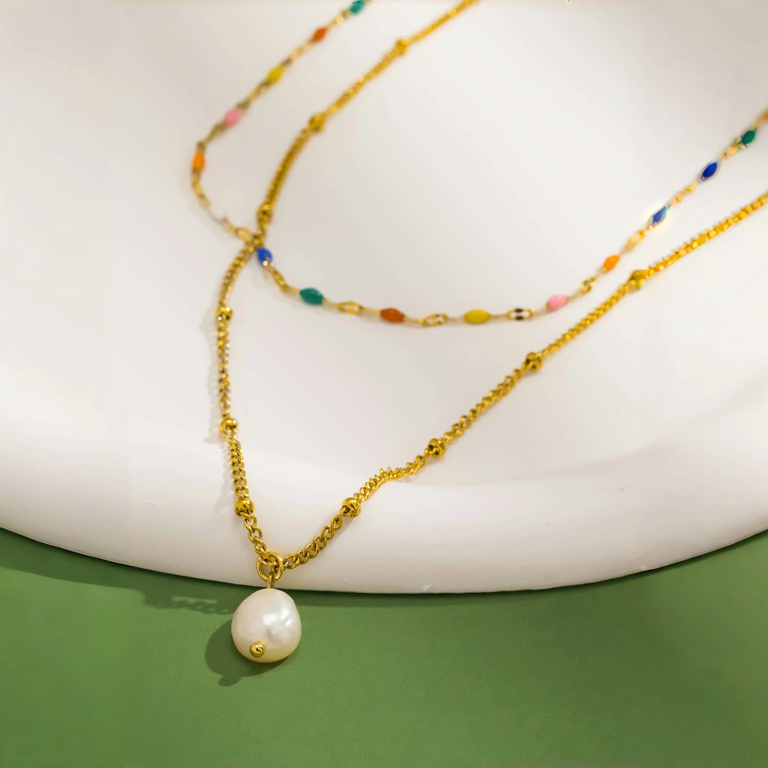 UHBINYCA Double-layer Layered Necklace for Women, Stainless Steel Chain Pearl Charm Pendant Necklace for Daily Jewelry