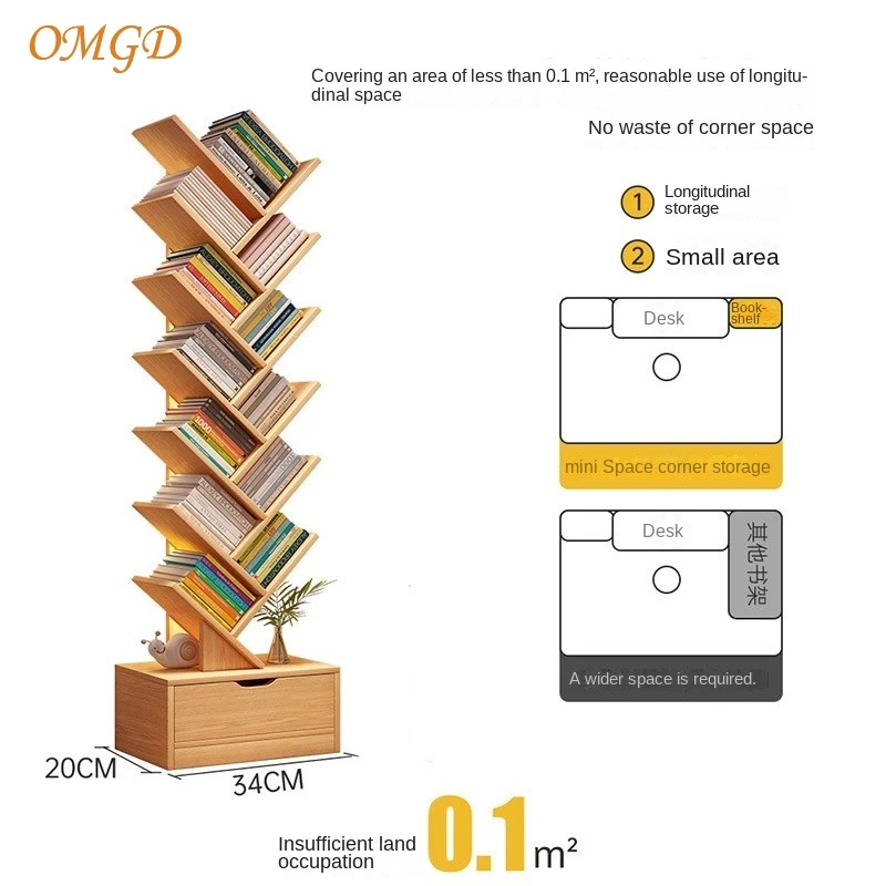 OMGD-Petite Bibliothèque Arbre Simple, Étagère au Sol, Bibliothèque Maison, Rangement Salon T1, Multicouche, Chambre Créative, Armoire Étroite