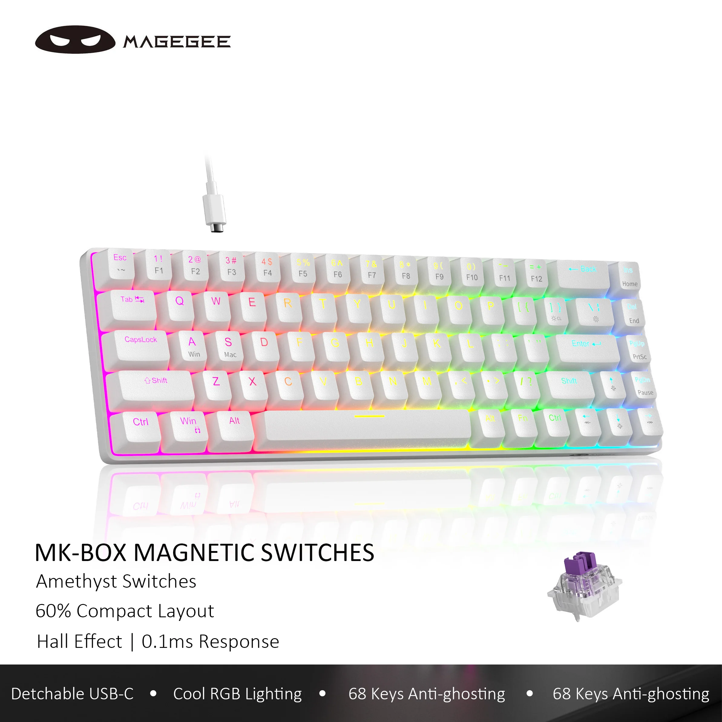 

Игровая клавиатура MageGee 60% с быстрым откликом, магнитными переключателями на эффекте Холла, регулируемой точкой срабатывания, возможностью горячей замены и RGB-подсветкой