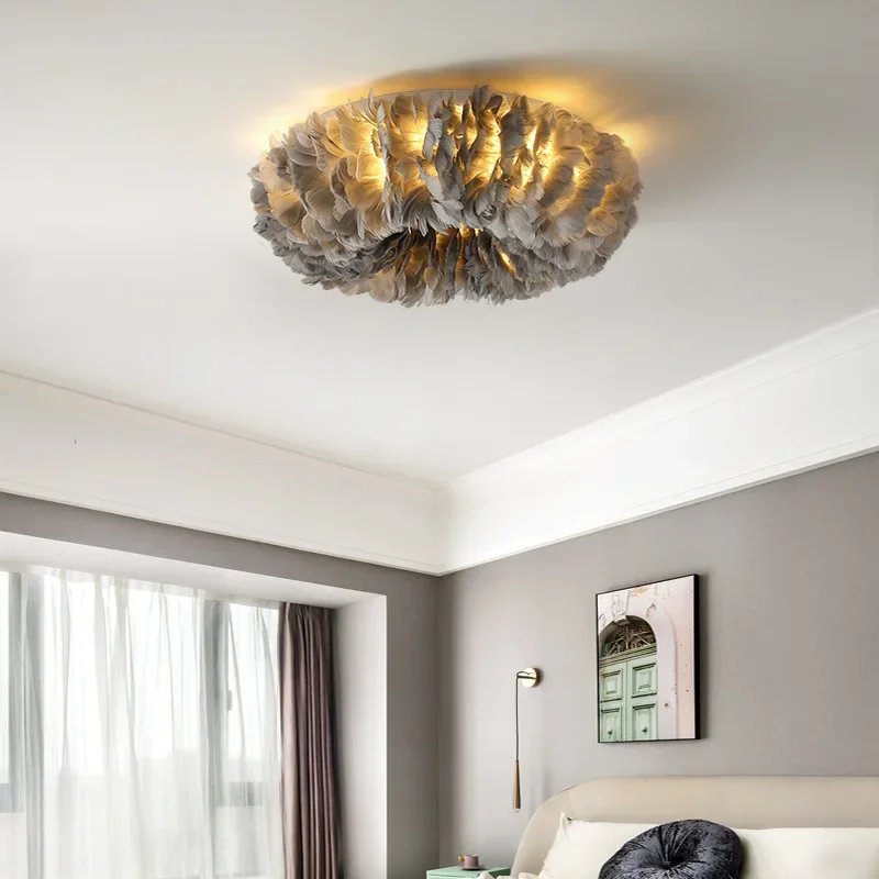 SANDYHA Round Feather Design LED Ceiling Lamp Nordic Minimalist Warm Light Ideal for Stylish Bedroom Living Room Home Decor