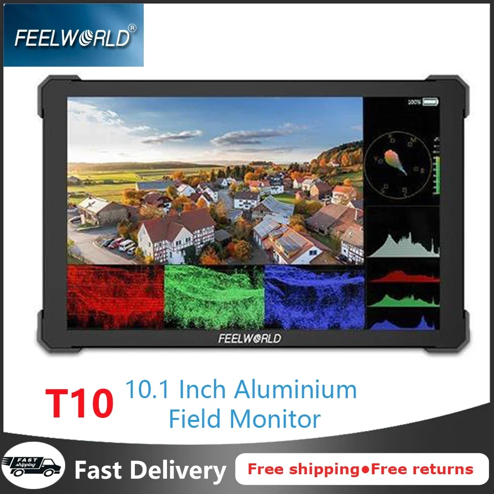 FEELWORLD T10 10.1 Inch Aluminium DSLR Camera Field Monitor Touch Screen 4K NP-F External Install and Power Kit