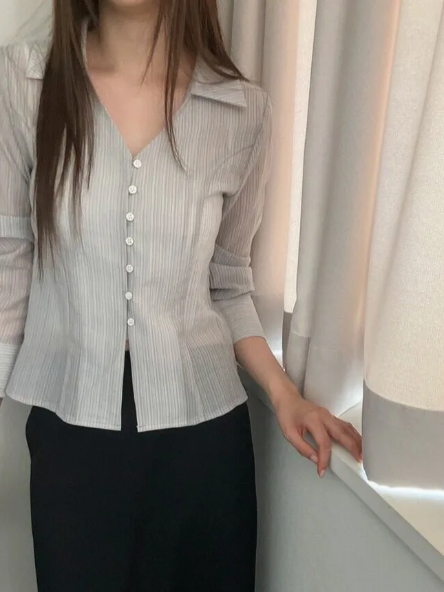 Chic Early Autumn Shirt Single Button Long Sleeve Pleated Women's Fashion Korean Style Spring Autumn Winter Inner Wear Regula...