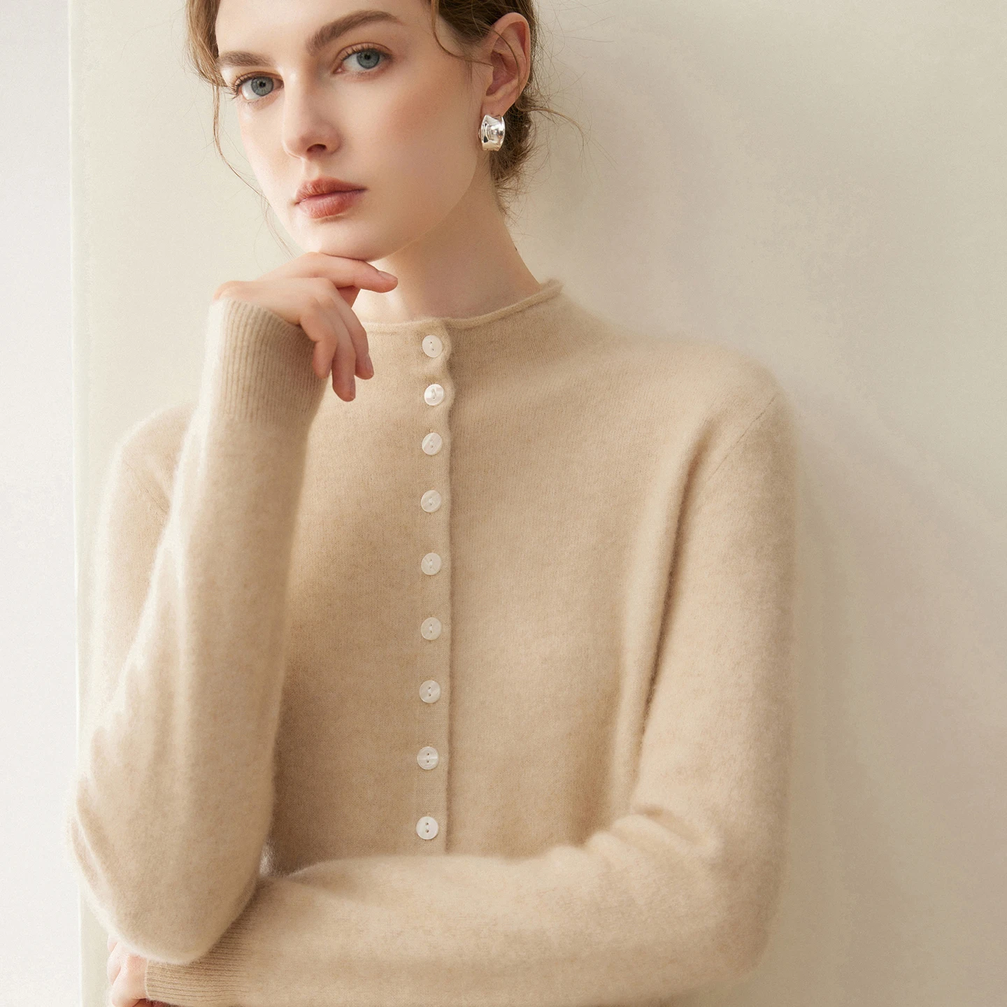 Women's cardigan half high neck 100% cashmere sweater solid color knitted slim fit exquisite autumn and winter long sleeved new