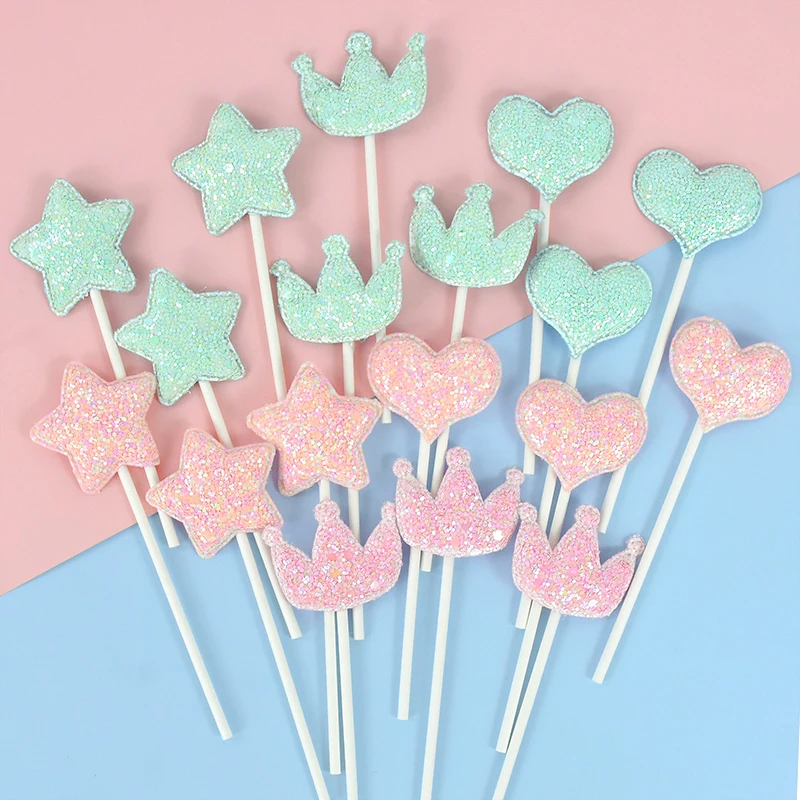 5/10pcs Glitter Crown Cake Topper Blue Pink Love Heart Star Cupcake Toppers Wedding Birthday Party Baking Decoration Baby Shower