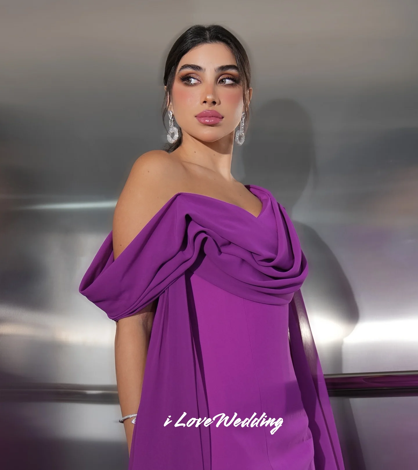 Purple Off Shoulder Evening Dress 2025 Pleat Shawl Mermaid Backless Lace-up Floor-Length Elegant Wedding Guest Dress Customized