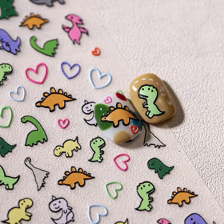 Love Heart Grass Jelly Cute Flat Colorful Cartoon Dinosaurs Animals Embossed Reliefs Adhesive Nail Art Stickers Manicure Decals