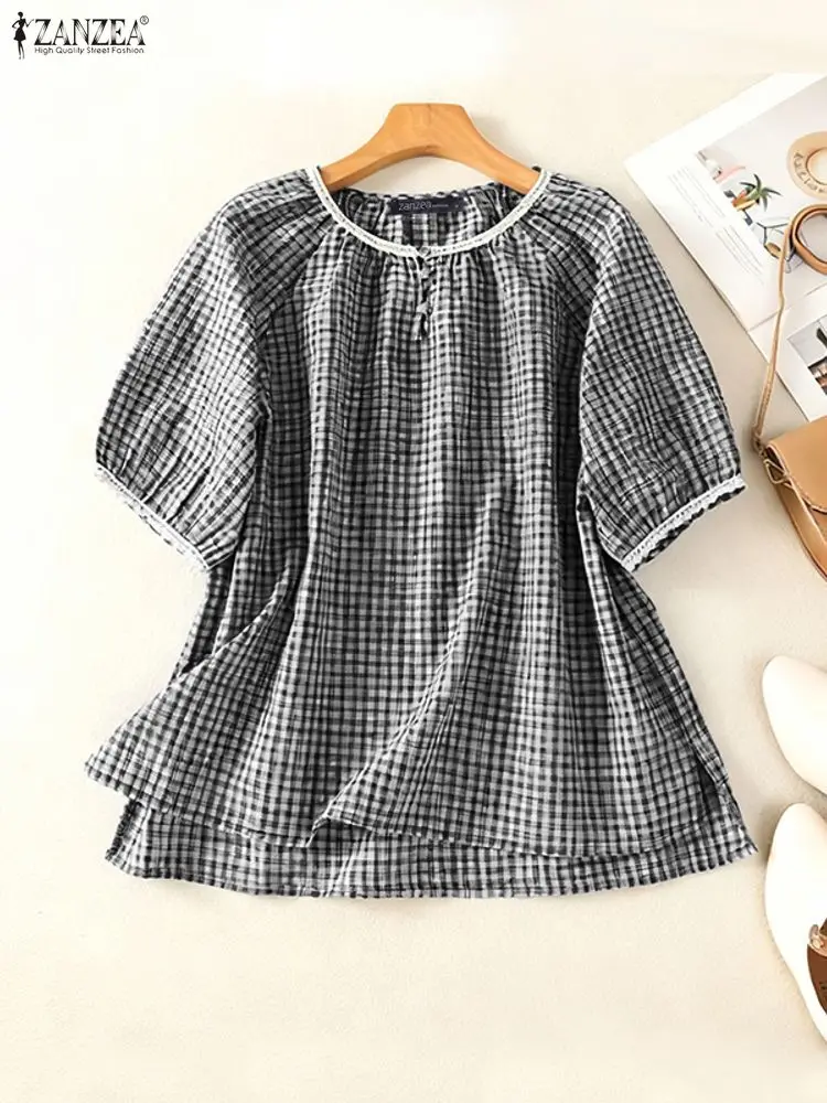 

ZANZEA Summer Womens Gingham Blouses Lace Trim O-Neck Short Puff Sleeve Side Slit Checked Tops Everyday Casual Wear 4 Colors 3XL