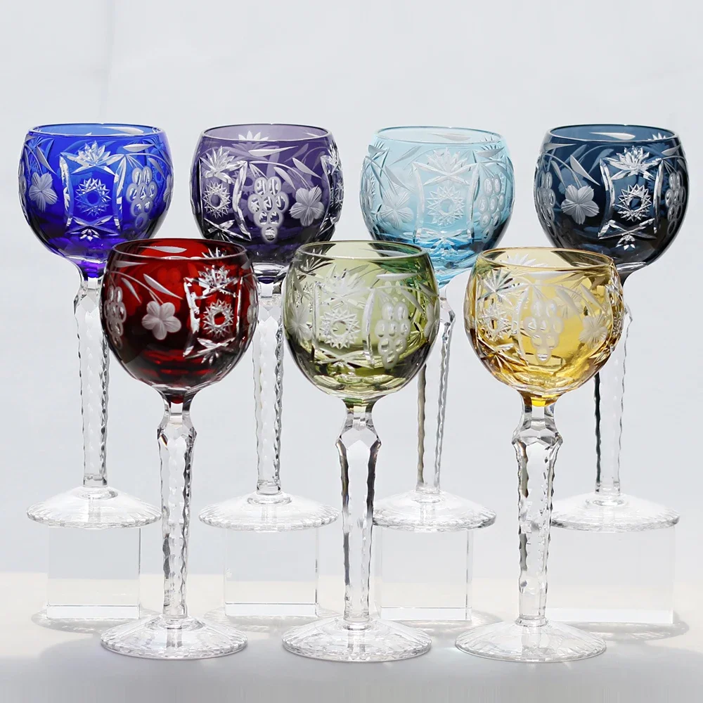 Vintage Handcrafts Multi-Colored Crystal Edo Kiriko Wine Glass Bohemia Hand Engraved Hock Goblet Classic Stemware