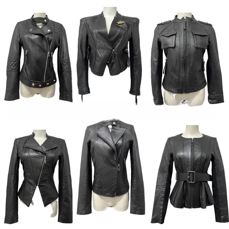 Kurtka motocyklowa damska ze skóry naturalnej vintage, zapinana na zamek, odzież wierzchnia na wiosnę i jesień.