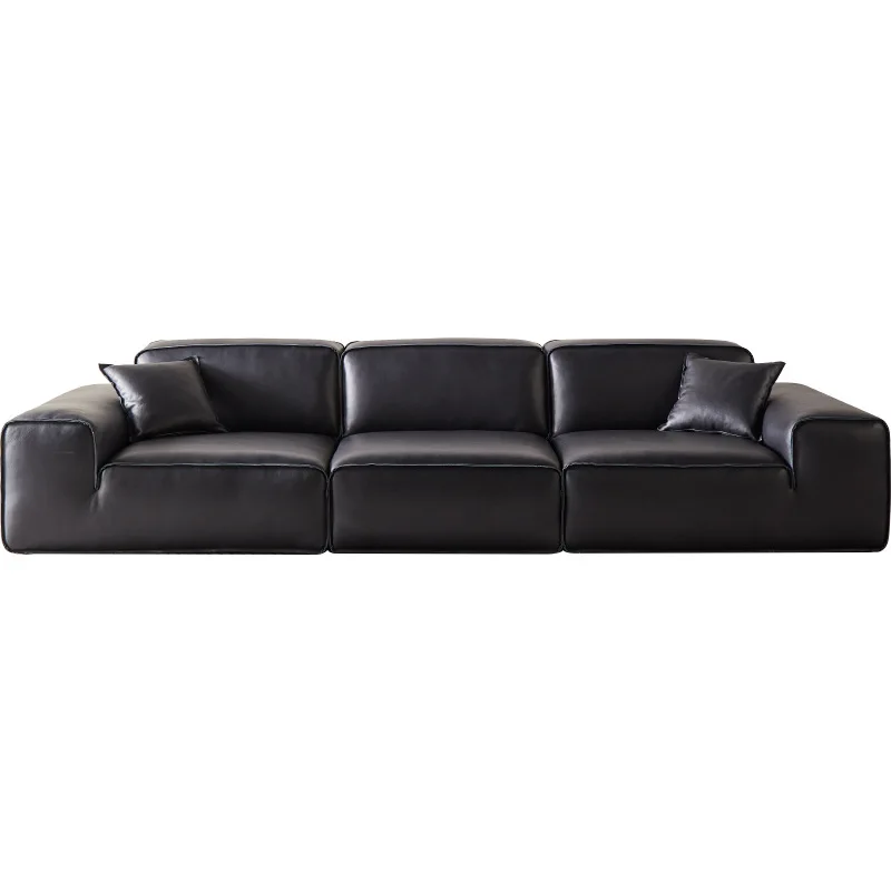 All green leather Xiatu big black cow sofa square gold first layer cowhide, semi-green leather black sofa