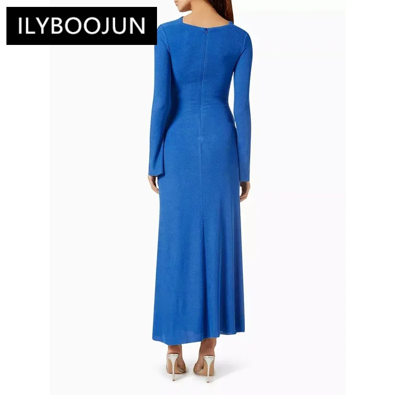 ILYBOOJUN Solid Patchwork Folds Chic Dress For Women O Neck Long Sleeve High Waist Spliced Zipper Elegant Dresses Female New