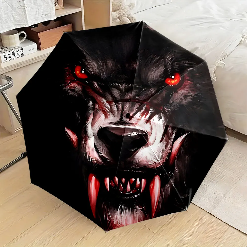 1PC **Striking Wolf-Print Umbrella Design for Style Lovers** Print 8 Iron Ribs Folding Umbrella Auto-Open Fashion Sunshade