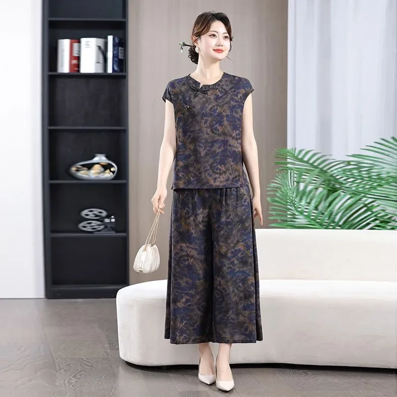 

Women's Summer Cotton Floral Top and Wide Leg Pants 2 Piece Loungewear Set