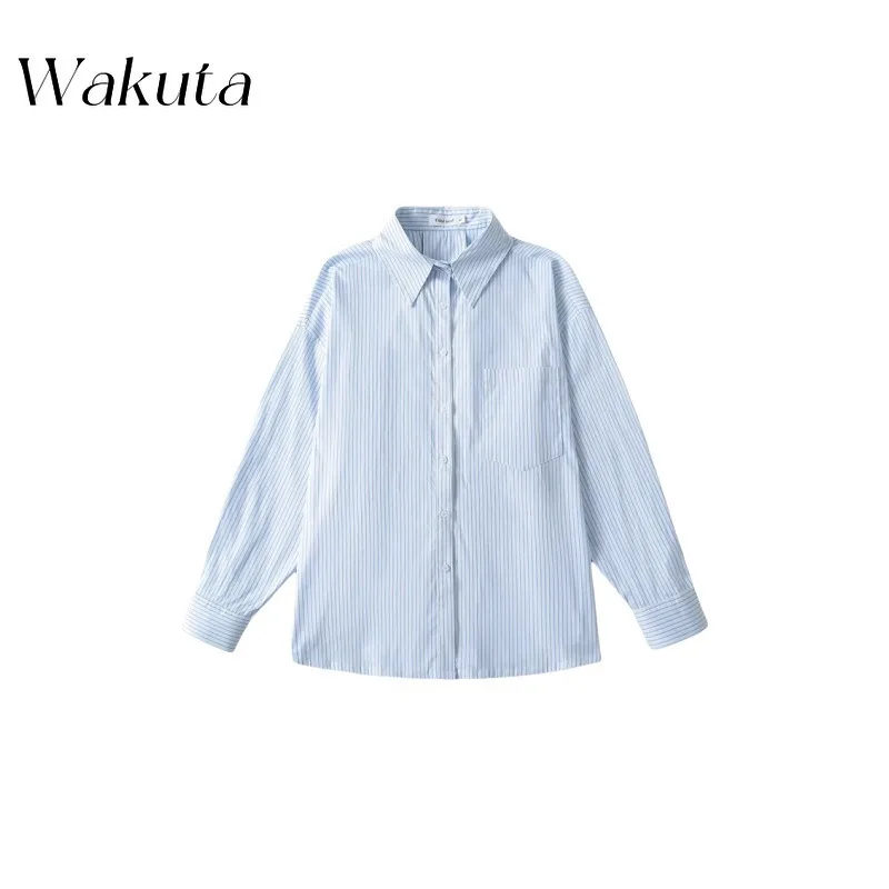 

WAKUTA Korean Autumn Classic Retro Lapel Long Sleeve Loose Casual Shirt Single Breasted Outer Wear Vertical Striped Cardigan Top