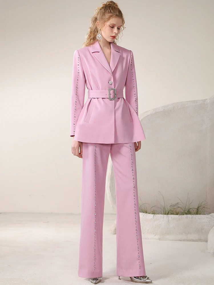 2023 Autumn and Winter Temperament Embroidered Flares Suits Jacket Straight-Leg Trousers Pink Business Suit Two Piece Pants Set