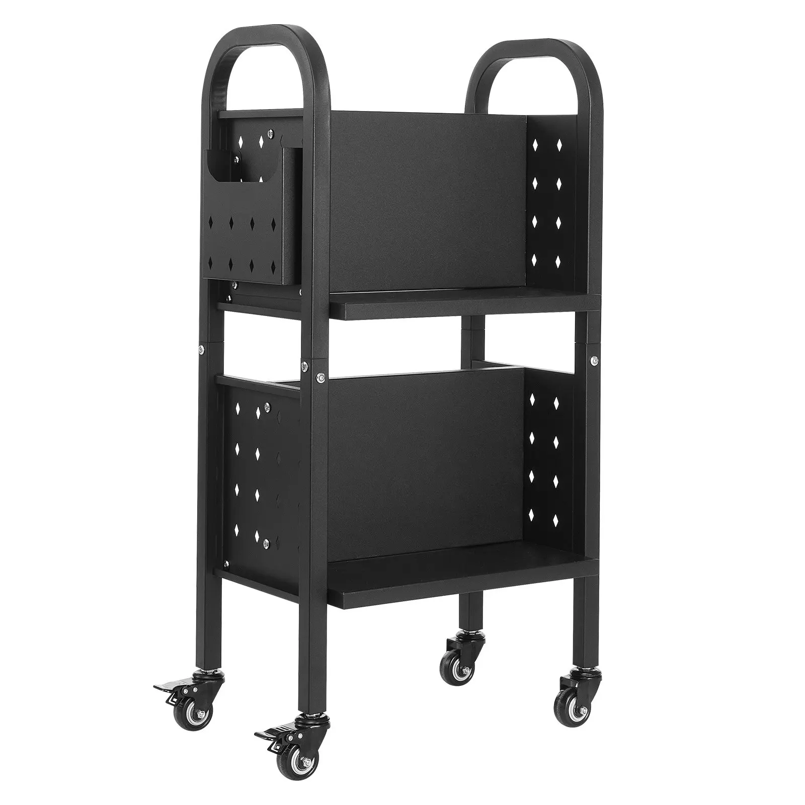 

2-Tier Rolling Book Cart Double Sided L-Shaped Shelves Book Truck In Black