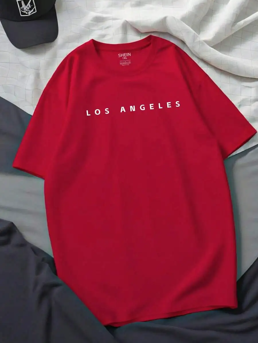 Camiseta unisex roja con estampado de letras de Los Ángeles, informal, de manga corta y cuello redondo