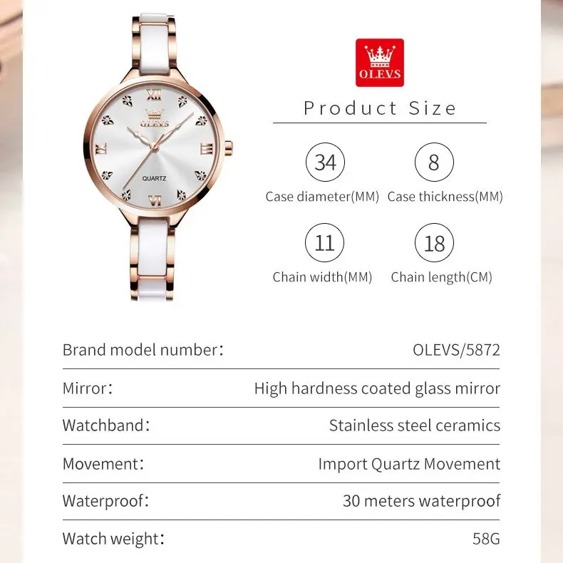 OLEVS Original Quartz Watch for Women Japan Movement Elegant Ceramic Strap Diamond Dial Ladies Watch Waterproof Relógio Feminino